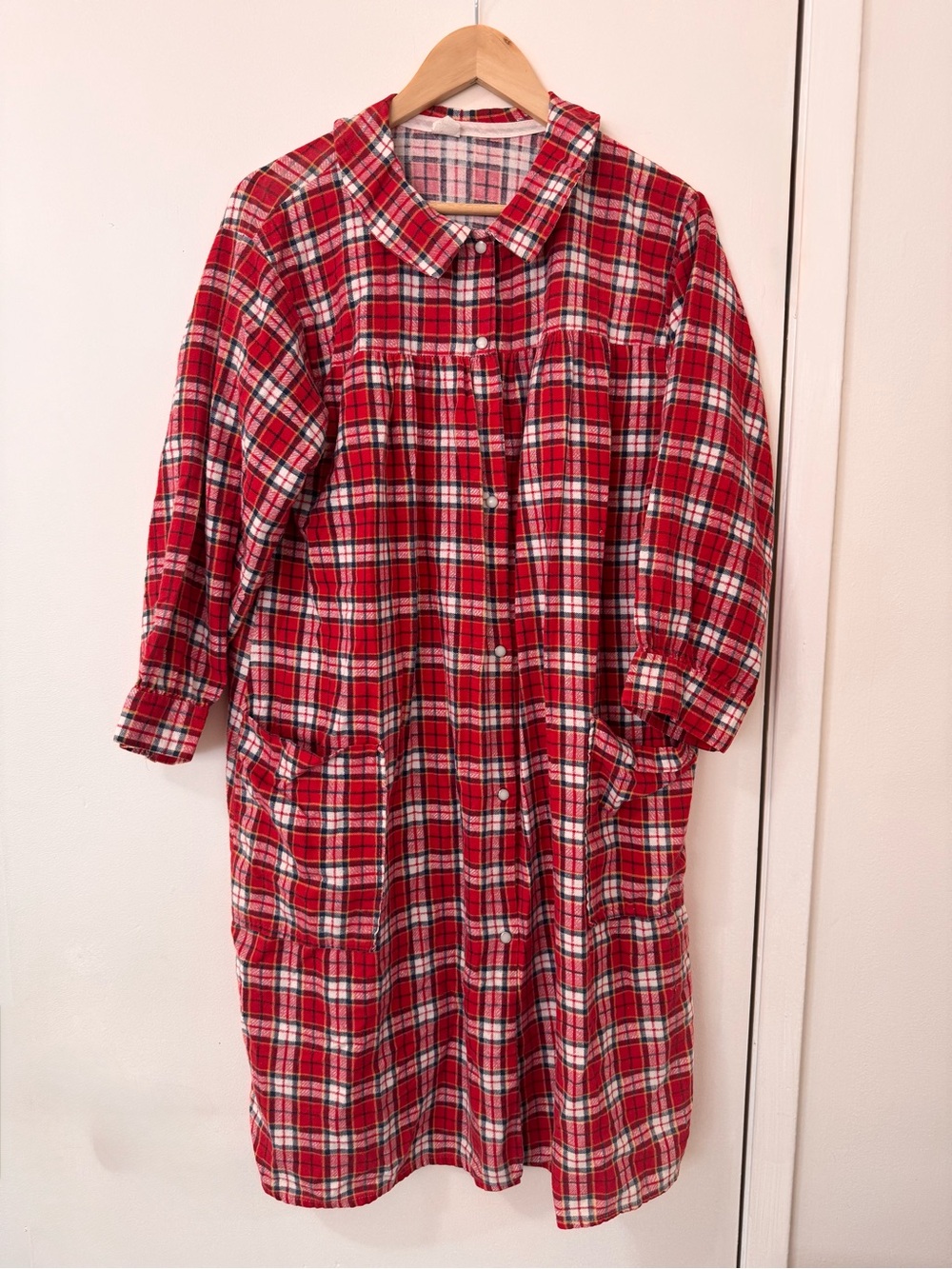 Vintage 80s Red Plaid Cotton House Dress Made in USA Button Front XL